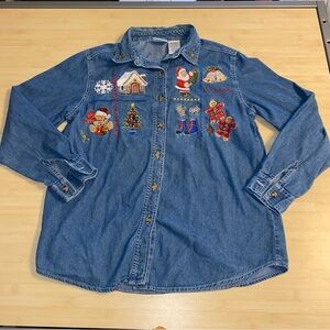 Bobbie Brooks Denim Christmas Shirt Embroidered Santa Gingerbread Man Medium